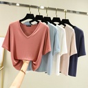 Modal V-neck short sleeve T-shirt women's summer Korean solid color large size relaxed-fit casual short base shirt top