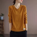 V-neck Solid Color All-match Long-sleeved T-shirt Women's Large Size Women's Loose Slim Base Shirt Trendy Top