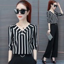 Summer Striped V-neck Seven-sleeve Women's Top Loose Slimming T-shirt Large Size Trendy