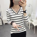 Women's Long Sleeve T-Shirt Women's Korean Style Large Size Spring and Autumn Student T-Shirt Base Shirt Striped V-Neck T-Shirt Women's Top