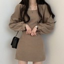 Spring and Autumn Korean wind chic retro waist thin short small square collar long sleeve dress female