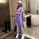 紫色连衣裙女2023夏天韩版潮设计感气质收腰显瘦a字包臀t恤短裙子