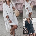 Women's Casual Loose Cotton and Linen V-neck Linen Midi Shirt Dress