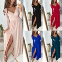 independent station autumn and winter long sleeve V-neck solid color hem slit dress women