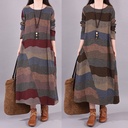 9858# Spring Artistic Loose Stitching Striped Cotton and Linen Round Neck Long Sleeve Dress for Women