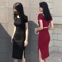 spring and summer Korean style ins hip skirt sexy mid-length split short sleeve backless bottoming dress women