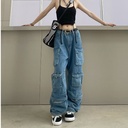 European Station Women's Trendy All-match Japanese Jeans Light Color Washed Crock Pants with Zipper Simple Trousers