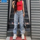 style fashion personalized letter patch straight jeans Street hot girl loose straight casual pants