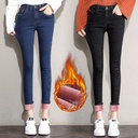 Fleece-lined jeans for women Korean style slimming high waist tight skinny pants thickened cropped fleece pants winter
