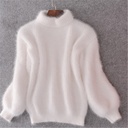 Spring and Autumn Winter Korean Style Lantern Sleeve Imitation Mink Velvet Mock High Neck Loose Solid Color Knitwear Pullover Sweater for Women