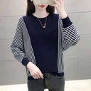 Spring and Autumn Women's Sweater Color Matching Thin Knitted Blouse Belly Covering Korean-style All-match Western-style Bat Sleeve