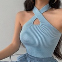 Summer Spice Girls Sexy Cross Hollow Shoulder Halter Camisole Women's Cropped Knitted Top