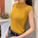 summer simple solid color half turtleneck pleated pullover sweater women's outer sleeveless vest top