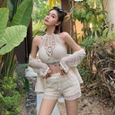 Fashion Beach Vacation Ethnic Bikini Knitted Sexy Hollow Backless Small Sling Shorts Outer Shirt Three-Piece Set