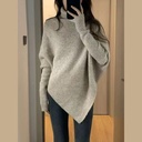 Autumn and Winter New High Collar Hem Irregular Knitted Sweater Loose Lazy Style Elegant Soft Waxy Pullover Sweater for Women