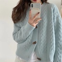 Sweater coat horn buckle twist women's clothing autumn and winter wear solid color slimming round neck short knitted cardigan for women