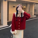 Year Christmas Red Sweater Women's Autumn Doll Collar Contrast Color Chic Knitted Cardigan Coat Autumn and Winter