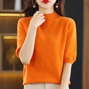 Spring and Summer loose all-match wool knitted short sleeve women's plus size round neck solid color bottoming shirt knitted T-shirt thin