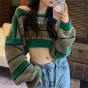 short lazy style color matching striped sweater autumn hot girl pullover color contrast knitted top women