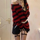 Women's Korean-style ripped hollow-out mid-length sweater, striped, loose, dark, all-matching knitted clothes, niche