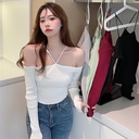 Hanging Neck Shoulder Strap Off-Shoulder Long-Sleeved Pullover Sweater Sexy Pure Desire Slim-Fit Southeast Asian Top