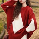 Knitted Sweater Pullover Sweater Women's Autumn and Winter Lazy Style Loose Diamond Color-matching Round Neck Outer Wear Top