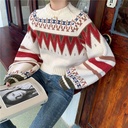 Korean Style Retro Loose Lazy Style Knitted Sweater Women's Autumn and Winter Fashion Round Neck Contrast Color Outer Wear Top