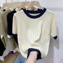 Large-sized Summer Contrast Soft Waxy Knit Sweater Women's Short-sleeved Design Sense Lazy Style All-match Sweater Top