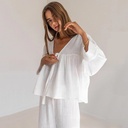 Independent ZV Collar Cotton Loose Cardigan Lace-Up Top and Pants Two-Piece Suit