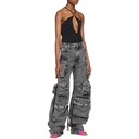 Street hipster Fashion smoke gray stitching multi-pocket overalls Street wash water distressed long wide leg pants