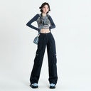 Navy Blue American Overalls Women's Spring and Autumn Straight Loose High Waist Slimming Wide Leg Casual Pants