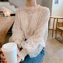 white Korean style loose long sleeve mesh lantern sleeve lace bottoming shirt inner top women's shirt