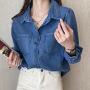 Vintage Denim Shirt Women's Spring Loose Long-sleeved Mid-length Stacked-up Shirt Design Niche Shirt