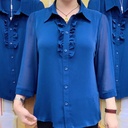 设计感时尚气质妈妈装秋季新款宝蓝色木耳花边七分袖衬衫女士衬衣