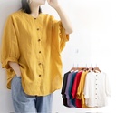 Spring and Summer Cotton Linen Shirt Women's Lantern Sleeve Vintage Artistic Top Large Size Loose Middle Sleeve Shirt for Women