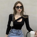 Autumn Sense Caution Machine Hollow-out T-shirt Solid Color All-match Slim-fit Slimming Long-sleeved Top Women's Trendy