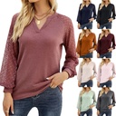 Women's Autumn and Winter Waffle Lace Stitching Long Sleeve V-neck T-shirt Top Women