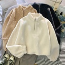 Real Shot Lambswool Short Half-High Collar Sweatshirt Women's Fleece-Lined Thickened Loose Autumn and Winter Zipper Jacket