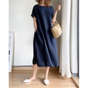 Cotton Linen Solid Color Large Size Dress Women's Summer Loose Slimming Chubby Girls Japanese Style Mid-Length Dress for Women