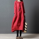 Women's Dress Korean Style Loose Large Size Cotton and Linen Long Sleeve Round Neck Dress