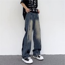 American Style High Street Wide Leg Retro Stitching Jeans Men's Loose Design Niche Drop Straight Pants