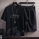Summer snow mountain printed short-sleeved T-shirt suit men's fashion trendy Korean style slim fit plus size sports two-piece set