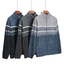 Business Autumn Fleece-lined Thickened Sweater Middle-aged Men's Collar Color-matching Vintage Jacquard Knitted Cardigan