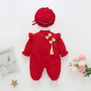Autumn and winter fleece-lined baby jumpsuit born clothes hundred days baby girl red lace national style long sleeve climbing suit