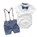 外贸夏季男宝宝绅士套装婴儿爬服背带裤两件套英伦风帅气礼服代发