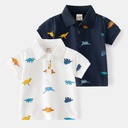 Summer Cartoon Dinosaur Print Boy's Polo Shirt Navy Blue Casual Lapel Pearl Cotton Children's Short Sleeve