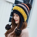 秋冬毛线帽子女士韩版新款拼色加绒毛球针织帽三毛球护耳保暖帽子