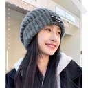 韩版字母布标加厚针织毛线帽女冬季大头尾套头帽显脸小护耳帽保暖