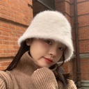 Autumn and Winter Bucket Hat Women's White Rabbit Fur Face Covering Plain Pot Hat Korean Japanese Style Cold-proof Warm Plush Fisherman Hat