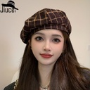 British Vintage Plaid Bailey Hat Autumn and Winter Korean Style Casual Painter Hat Women's Simple Woolen Bud Hat Trendy